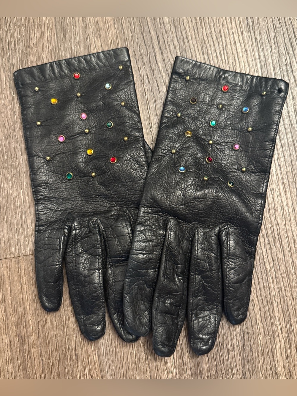 Carolina Amato NY vintage Black leather gloves with colorful gemstones, size